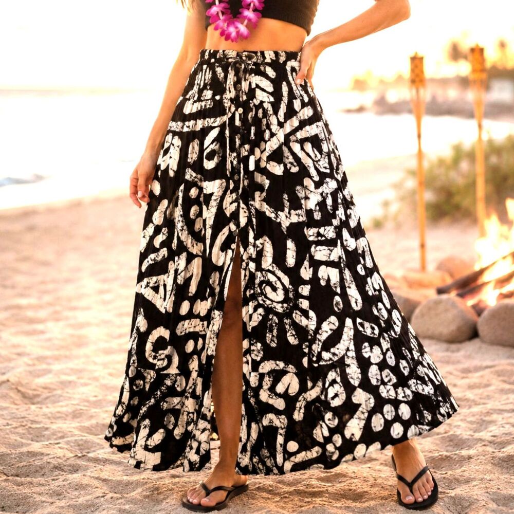 Haute Hippie Black White Batik Maxi Skirt S Smock Slit Abstract Boho Rayon Beach